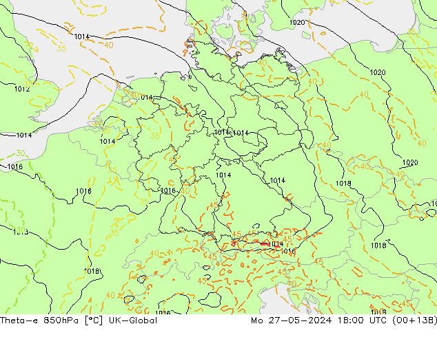 Theta-e 850hPa UK-Global Mo 27.05.2024 18 UTC
