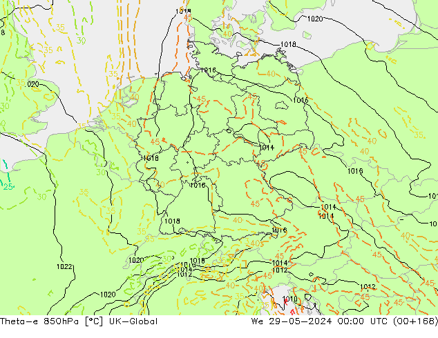 Theta-e 850hPa UK-Global Mi 29.05.2024 00 UTC