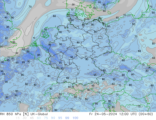 RH 850 hPa UK-Global ven 24.05.2024 12 UTC