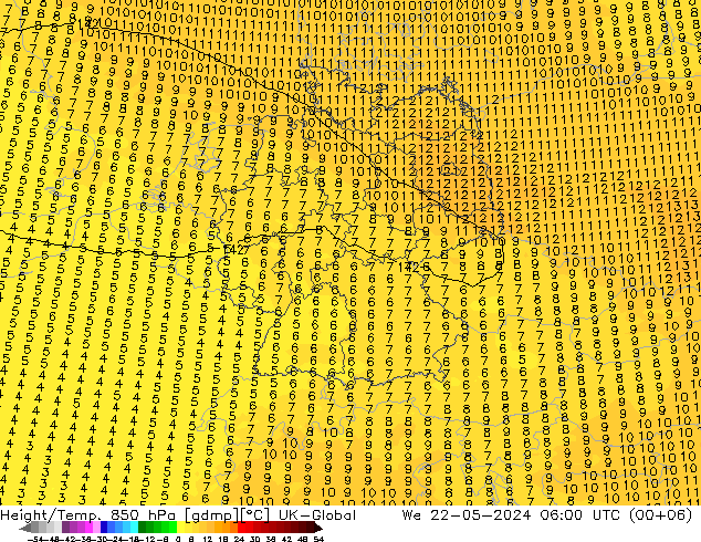 Height/Temp. 850 hPa UK-Global 星期三 22.05.2024 06 UTC