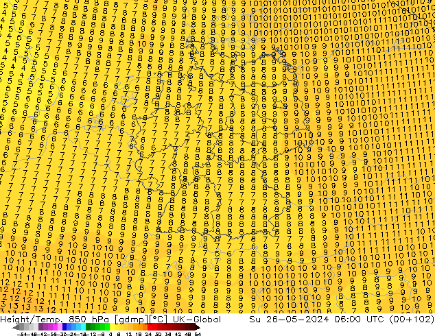 Geop./Temp. 850 hPa UK-Global dom 26.05.2024 06 UTC