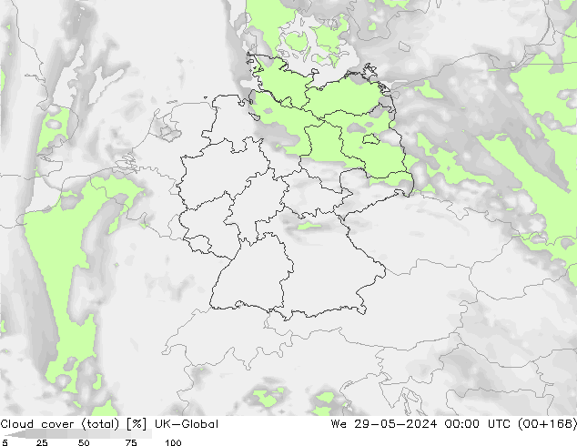 Bewolking (Totaal) UK-Global wo 29.05.2024 00 UTC