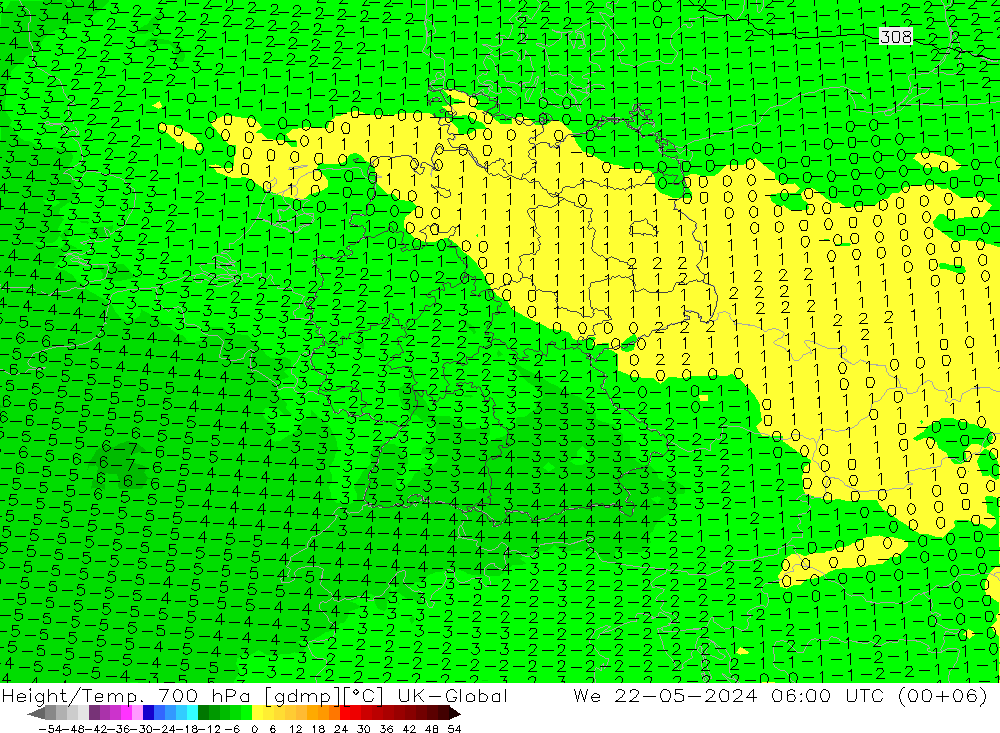 Height/Temp. 700 hPa UK-Global 星期三 22.05.2024 06 UTC