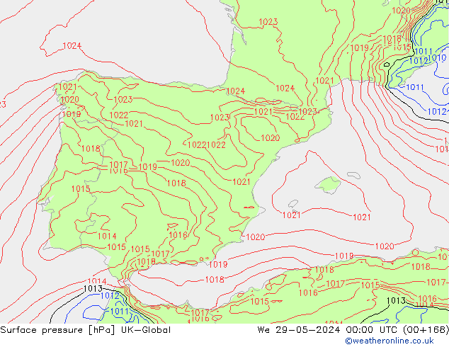 Pressione al suolo UK-Global mer 29.05.2024 00 UTC