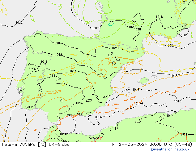 Theta-e 700hPa UK-Global  24.05.2024 00 UTC