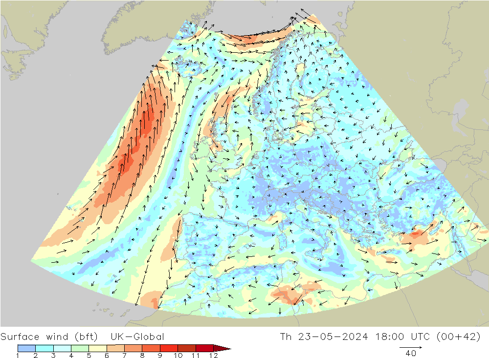 Surface wind (bft) UK-Global Th 23.05.2024 18 UTC