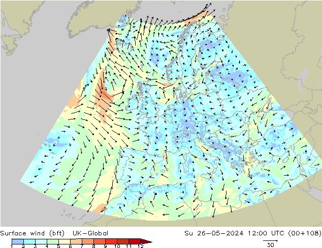 Surface wind (bft) UK-Global Su 26.05.2024 12 UTC