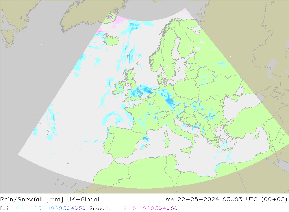 Rain/Snowfall UK-Global mer 22.05.2024 03 UTC