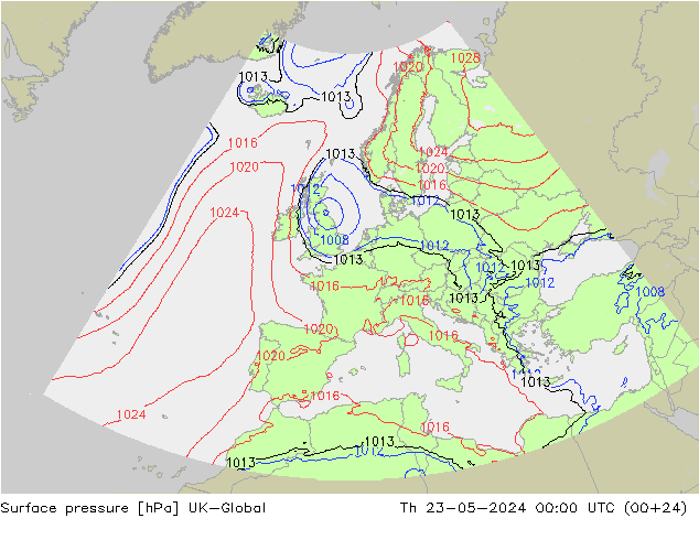 Pressione al suolo UK-Global gio 23.05.2024 00 UTC