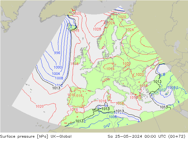 Pressione al suolo UK-Global sab 25.05.2024 00 UTC