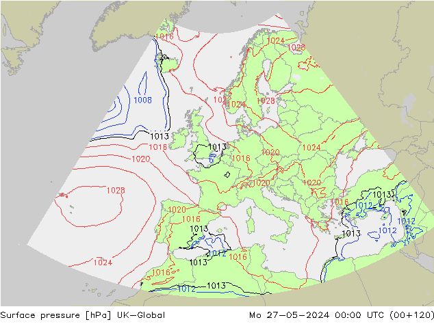 Surface pressure UK-Global Mo 27.05.2024 00 UTC