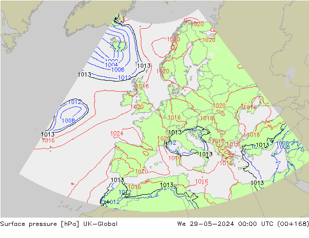 Pressione al suolo UK-Global mer 29.05.2024 00 UTC