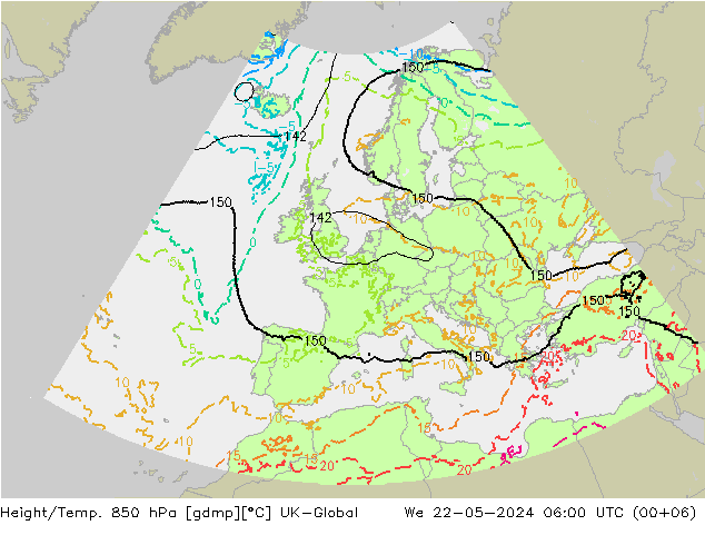 Height/Temp. 850 hPa UK-Global mer 22.05.2024 06 UTC