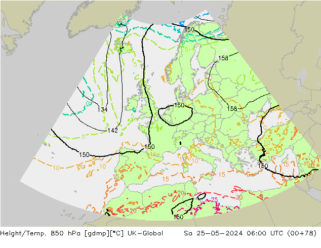 Height/Temp. 850 гПа UK-Global сб 25.05.2024 06 UTC