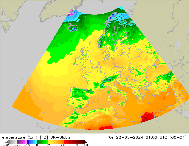 Temperaturkarte (2m) UK-Global Mi 22.05.2024 01 UTC