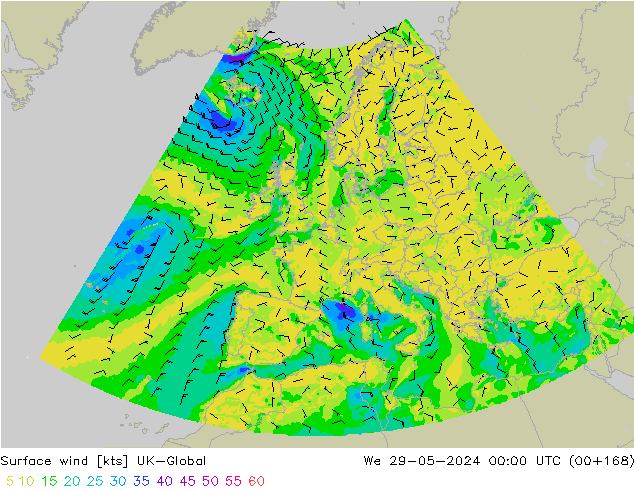 Vent 10 m UK-Global mer 29.05.2024 00 UTC