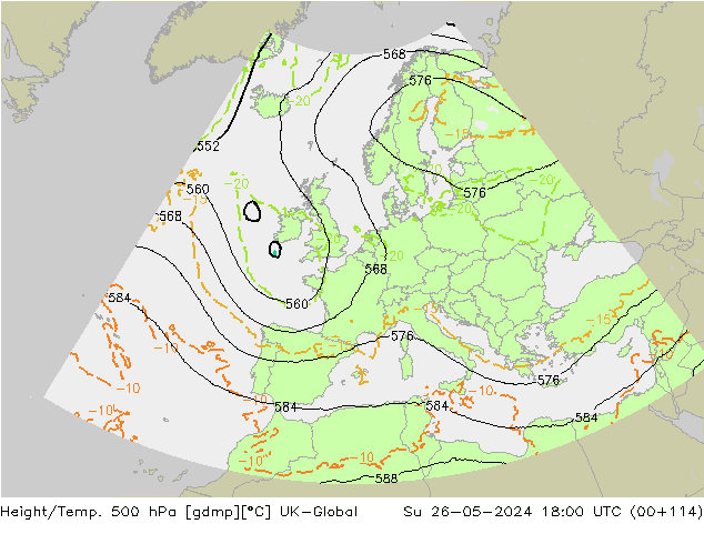 Yükseklik/Sıc. 500 hPa UK-Global Paz 26.05.2024 18 UTC