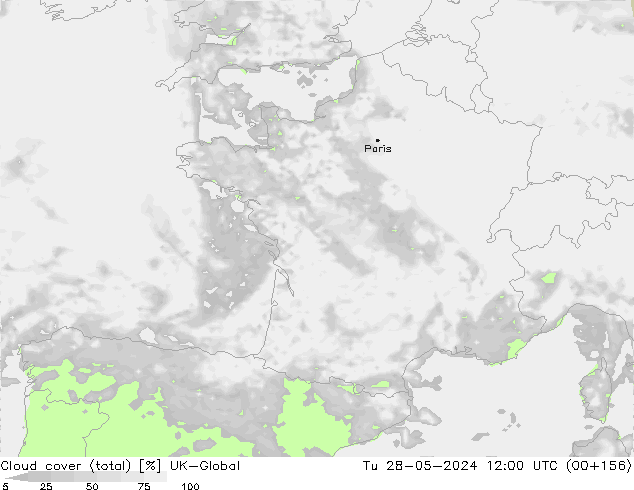 Cloud cover (total) UK-Global Tu 28.05.2024 12 UTC