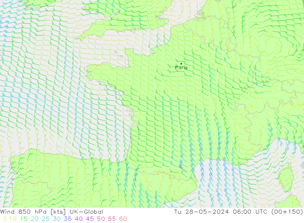 wiatr 850 hPa UK-Global wto. 28.05.2024 06 UTC