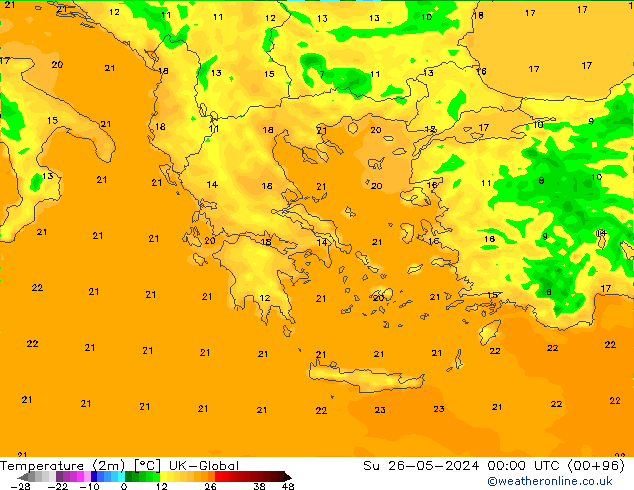 Temperaturkarte (2m) UK-Global So 26.05.2024 00 UTC