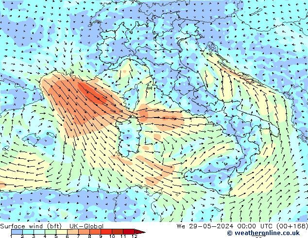 Surface wind (bft) UK-Global St 29.05.2024 00 UTC