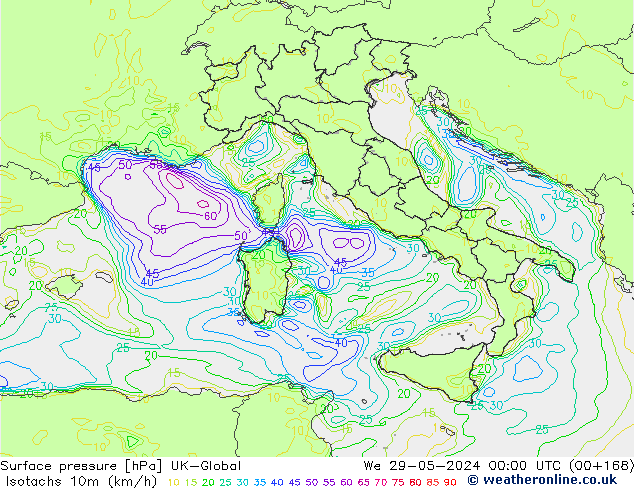 Isotachs (kph) UK-Global  29.05.2024 00 UTC