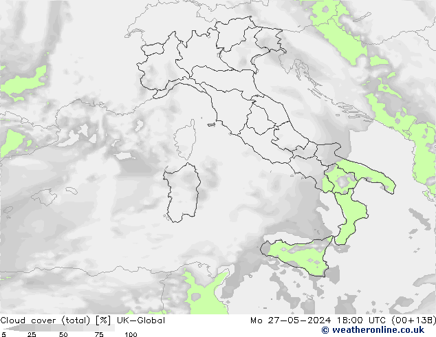 Cloud cover (total) UK-Global Mo 27.05.2024 18 UTC