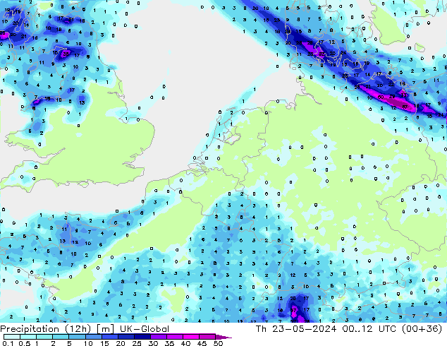 Precipitation (12h) UK-Global Th 23.05.2024 12 UTC
