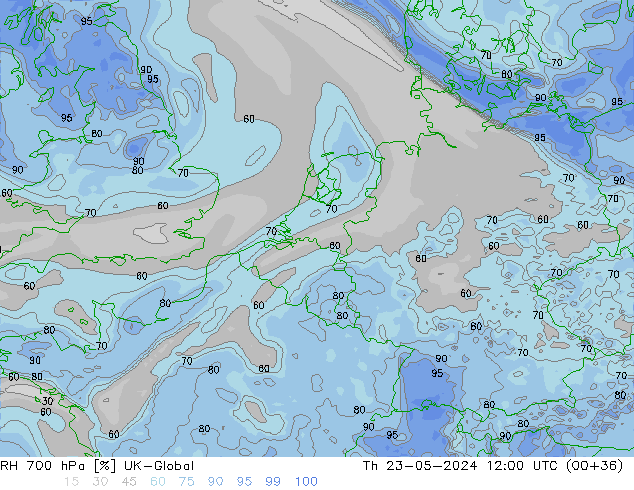 RH 700 hPa UK-Global Čt 23.05.2024 12 UTC