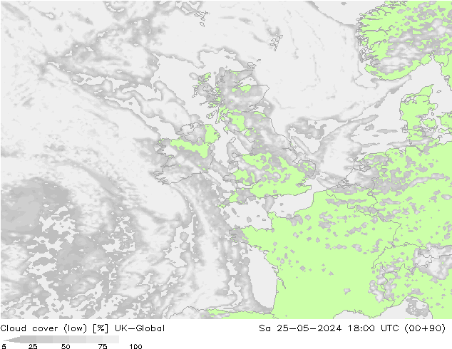 Cloud cover (low) UK-Global Sa 25.05.2024 18 UTC