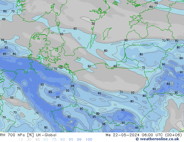 Humidité rel. 700 hPa UK-Global mer 22.05.2024 06 UTC