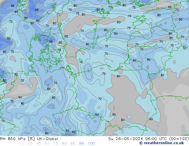 Humedad rel. 850hPa UK-Global dom 26.05.2024 06 UTC