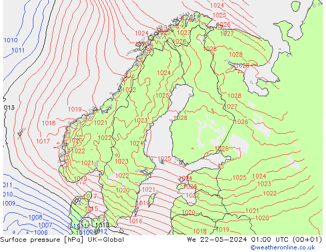 Presión superficial UK-Global mié 22.05.2024 01 UTC