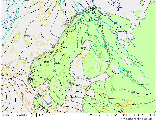 Theta-e 850hPa UK-Global  22.05.2024 18 UTC