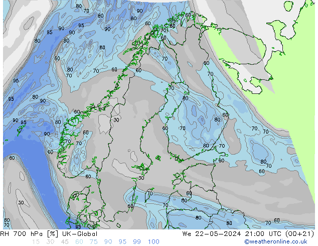 RH 700 hPa UK-Global We 22.05.2024 21 UTC