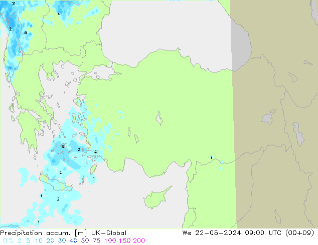 Totale neerslag UK-Global wo 22.05.2024 09 UTC