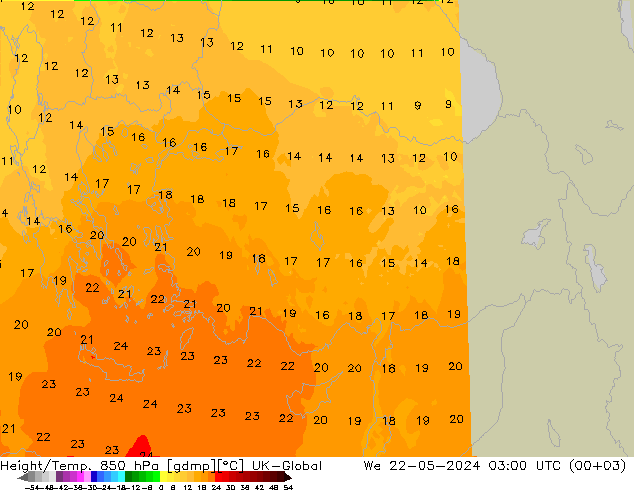 Hoogte/Temp. 850 hPa UK-Global wo 22.05.2024 03 UTC