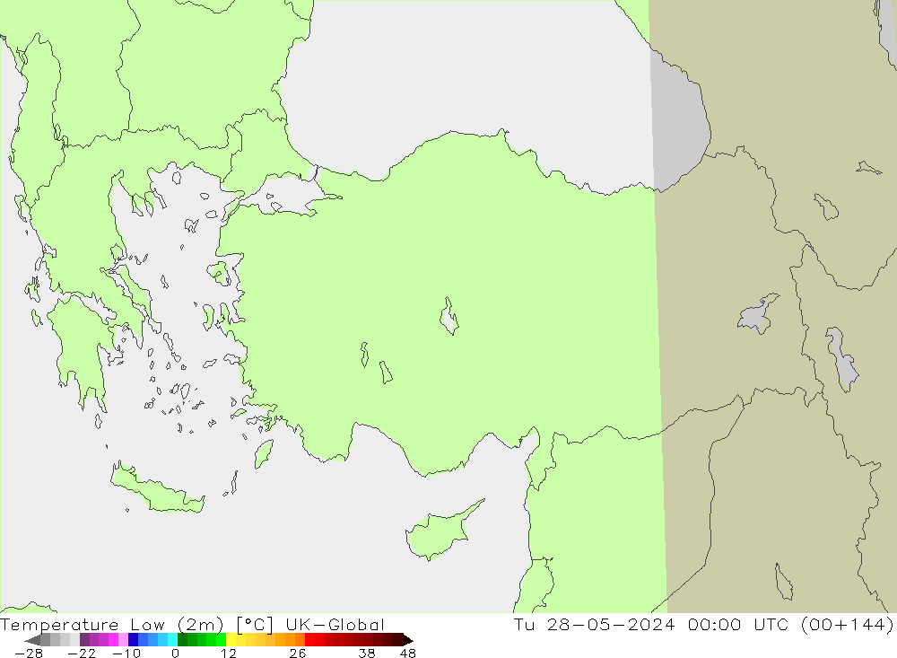 Nejnižší teplota (2m) UK-Global Út 28.05.2024 00 UTC