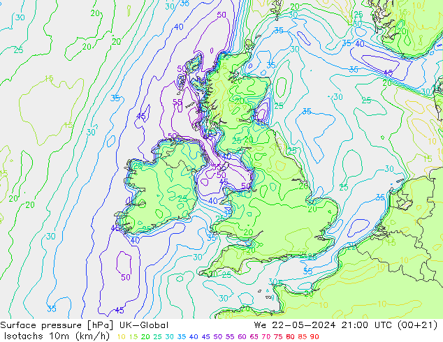 Isotachs (kph) UK-Global St 22.05.2024 21 UTC