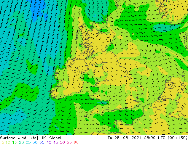 Surface wind UK-Global Út 28.05.2024 06 UTC