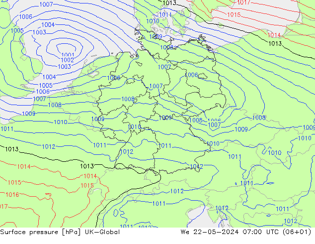 地面气压 UK-Global 星期三 22.05.2024 07 UTC