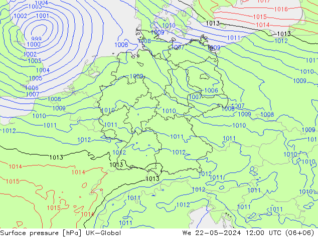 Presión superficial UK-Global mié 22.05.2024 12 UTC