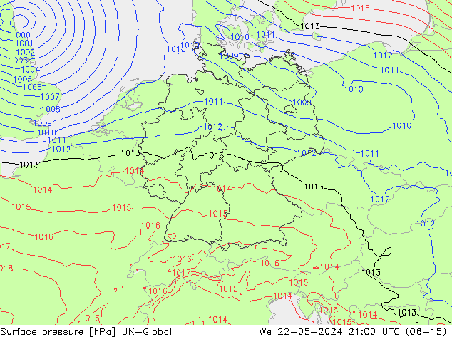 Luchtdruk (Grond) UK-Global wo 22.05.2024 21 UTC