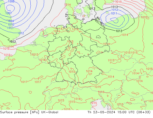 Surface pressure UK-Global Th 23.05.2024 15 UTC