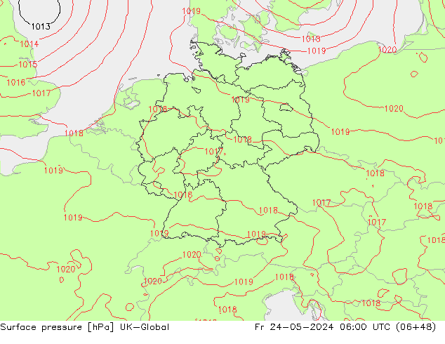Pressione al suolo UK-Global ven 24.05.2024 06 UTC