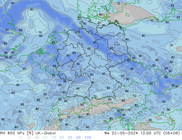 Humedad rel. 850hPa UK-Global mié 22.05.2024 12 UTC