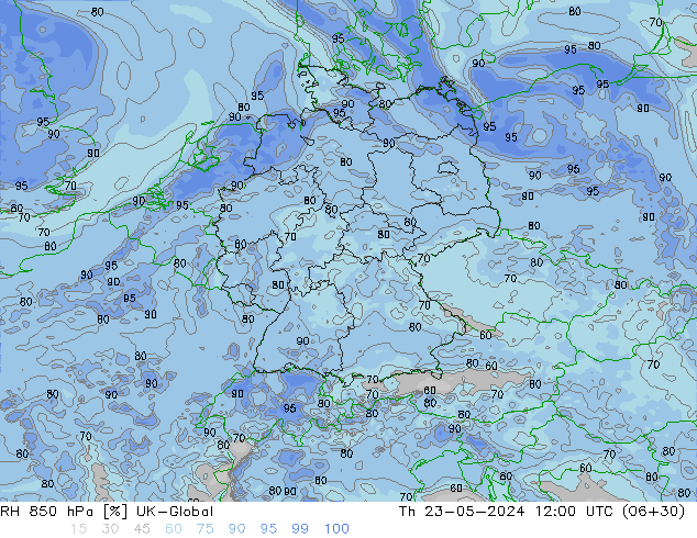 Humidité rel. 850 hPa UK-Global jeu 23.05.2024 12 UTC