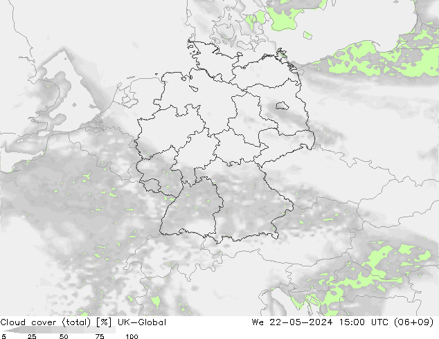 Cloud cover (total) UK-Global St 22.05.2024 15 UTC