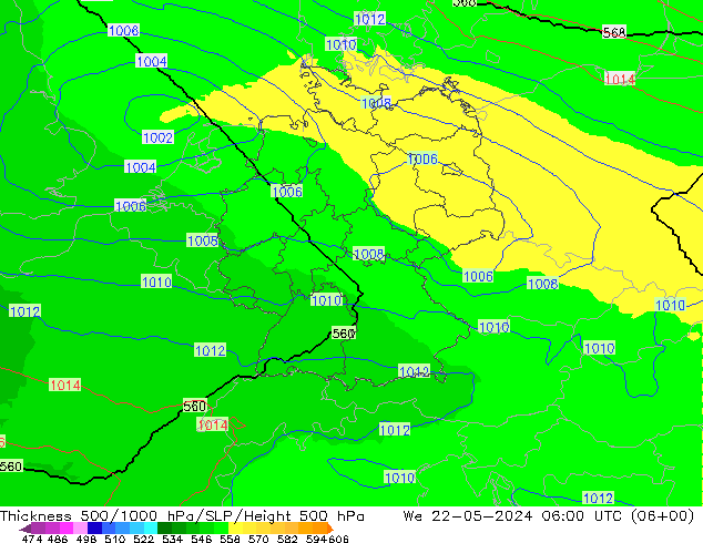 Espesor 500-1000 hPa UK-Global mié 22.05.2024 06 UTC