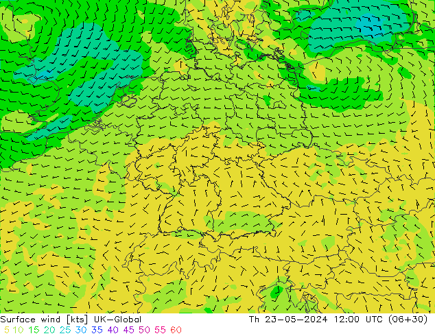 Surface wind UK-Global Čt 23.05.2024 12 UTC